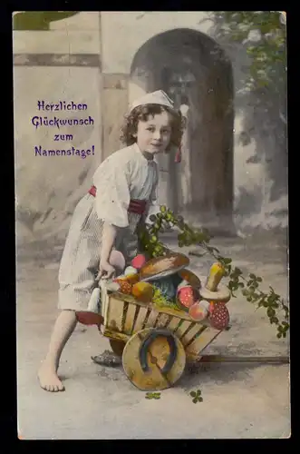Kinder-AK Glückwünsche Namenstag: Junge mit Pilzen Hufeisen Wagen LEUTKIRCH 1910