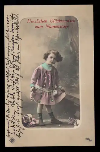 Kinder-AK Glückwünsche Namenstag: Mädchen im rosa Kleid, BOEHEN 9.9.1911