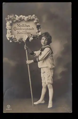 Kinder-AK Glückwünsche Namenstag: Junge mit Transparent, OBERHAUSEN 15.8.1914