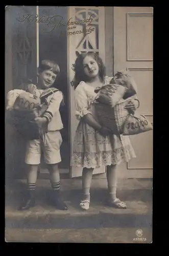 Félicitations pour les enfants-AK Journée de nom: Les garçons et les filles avec des sacs à main, QUATRE 1910