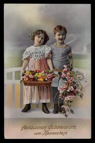 AK Glückwünsche Namenstag: Kinder mit Blumen, vergoldet, OBERHAUSEN 23.7.1915