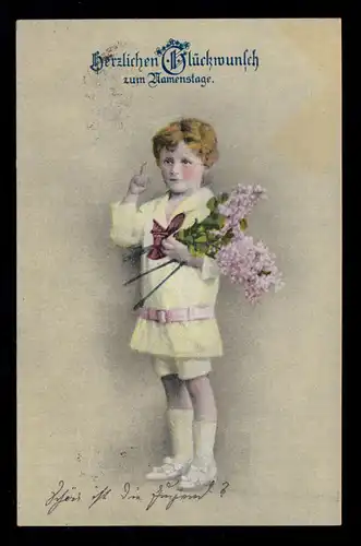 Kinder-AK Glückwünsche Namenstag: Junge mit erhobenen Finger, DAHL 1917