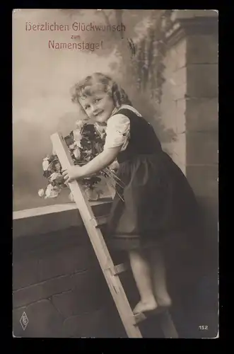 Kinder- AK Glückwünsche Namenstag: Mädchen auf der Leiter, CÖLN 24.7.1911
