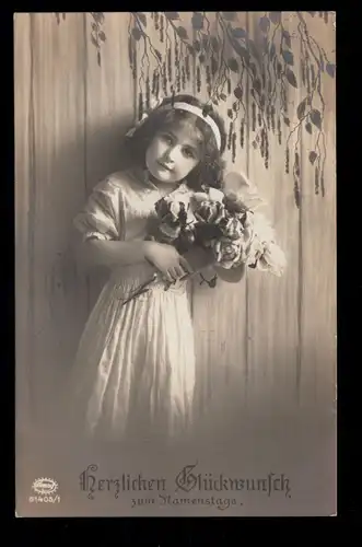 Félicitations pour les enfants-AK Journée de nom: Fille avec bouquet de roses, Maison-Bourse 24.7.1915