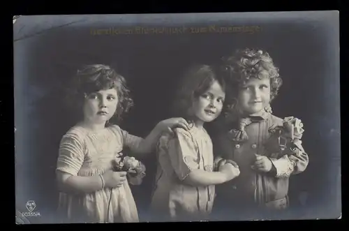 AK Glückwünsche Namenstag: Kinder-Trio mit Rosen, BORBECK / ESSEN 11.8.1912