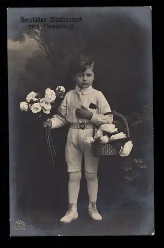 Kinder-AK Glückwünsche Namenstag: Junge mit Blumen und Korb, OBERHAUSEN 23.7.15