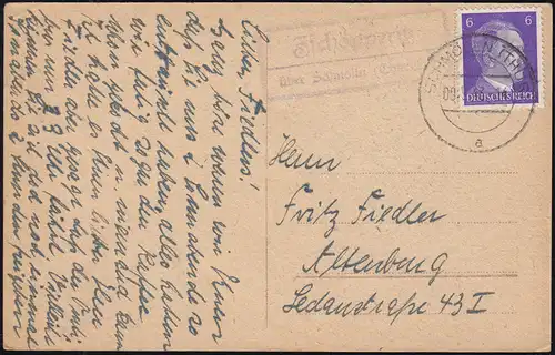 Landpost-Stempel Zschöpperitz über SCHMÖLLN (THÜRINGEN) 1943 auf Ansichtskarte
