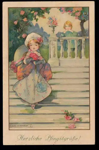 AK Félicitations Pentecôte: Au revoir - Fille dans l'escalier, GLADBACH BERGisch