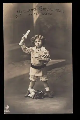 Félicitations pour les enfants-AK Journée de nom: enfant avec gâteau et lettre, MUNICH 12.9.1914