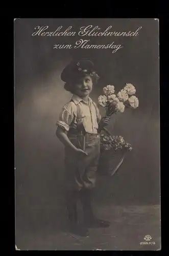 Félicitations pour les enfants-AK Fête des noms: Garçon avec bonnet et fleurs, PONTS DE SAAR 1923