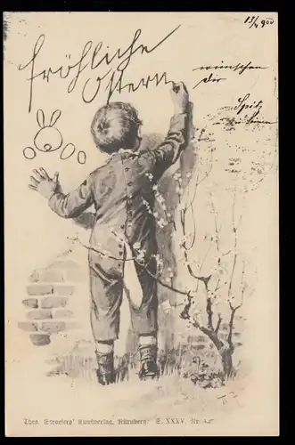 Enfants-AK Garçon écrit sur le mur: Joyeux Pâques, VIENNE 13.4.1900