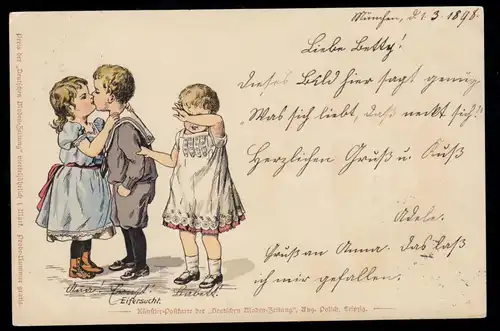AK pour enfants Le baiser - Jalousie, carte postale locale MUNICHS 28.2.1898 / 1.3.98