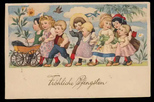 AK Félicitations à la Pentecôte: Groupe d'enfants sur le chemin de félicitations, RHEINE