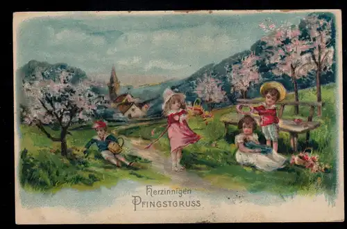 AK Glückwünsche Pfingsten: Kinder spielen auf der Wiese, DÜSSELDORF 15.5.1921