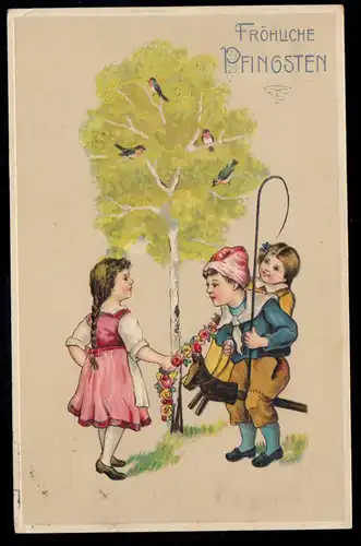AK Glückwünsche Pfingsten: Kinder spielen mit Pferd aus Holz, OLDENBURG 25,5,12