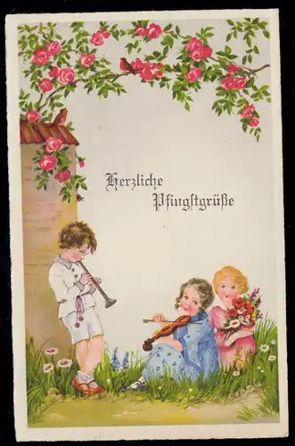 AK Félicitations Pentecôte: Enfants et musique Flûte violon, OSNABRET 11.5.1940