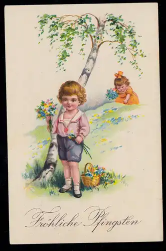AK Félicitations à la Pentecôte: Les enfants récoltent des fleurs, BERLIN-CHARLOTENBURG 7.6.30