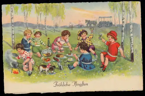 AK Glückwünsche Pfingsten: Kinder machen Picknick, BERLIN 18.5.1929