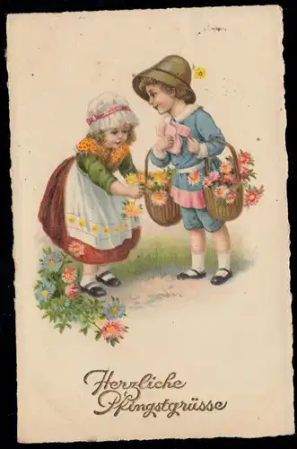 AK Félicitations Pentecôte: Enfants avec paniers de fleurs, VIENNE 6.6.1930