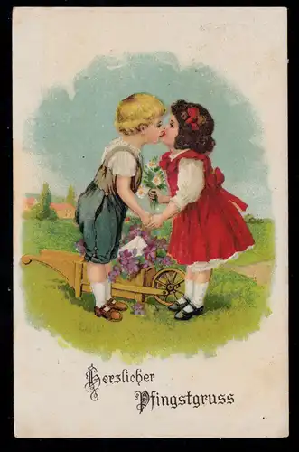 Enfants-AK Félicitations à la Pentecôte: Le baiser, BRETNIG / DRESDEN 16.5.1918