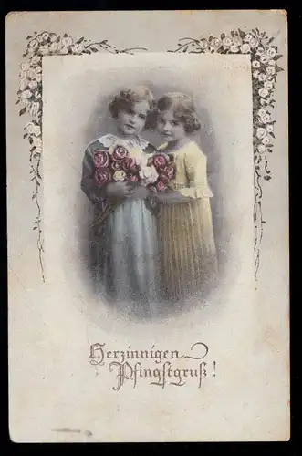 AK Félicitations Pentecôte: Soeurs avec Roses Poste de Champ L'Hôpital Montabaur 1918