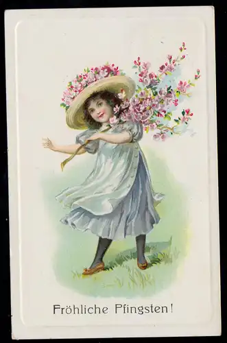 AK Glückwünsche Pfingsten: Mädchen mit Hut und Blumen, BERLIN-SCHÖNEBERG 1913