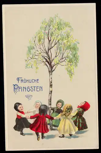 Carte de dessin AK Pentecôte: Filles dansant Séries de anneaux bouleau, inutilisé