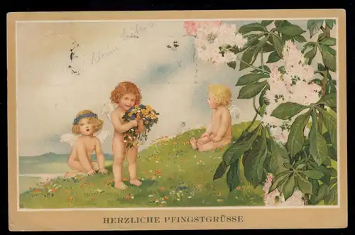 AK Félicitations à la Pentecôte: Trois anges sur le terrain de fleurs, HAMBURG 3.6.1927