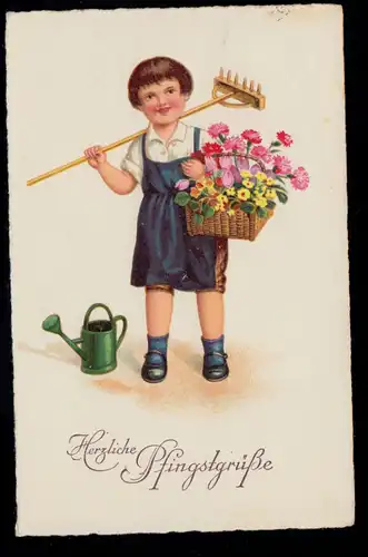 AK Félicitations Pentecôte: enfant avec harke casse-coussettes Panier de fleurs, MAGDEBURG 1932