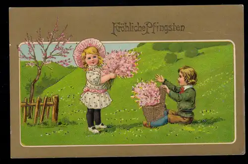AK Glückwünsche Pfingsten: Kinder mit blühenden Zweigen, ALTONA / ELBE 14.5.1910