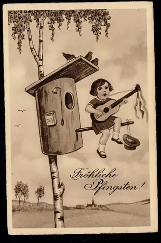 AK Félicitations Pentecôte: Fille avec guitare sur la maison des oiseaux, couru 1937