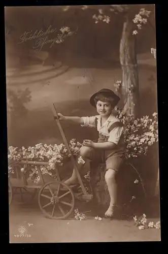 AK Félicitations Pentecôte: Jeune avec des fleurs de char à main, BARMEN-RITTERSHASUEN 1914