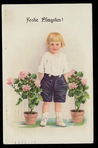 AK Félicitations à la Pentecôte: enfant avec deux pots de fleurs, DUISBURG 13.5.1921