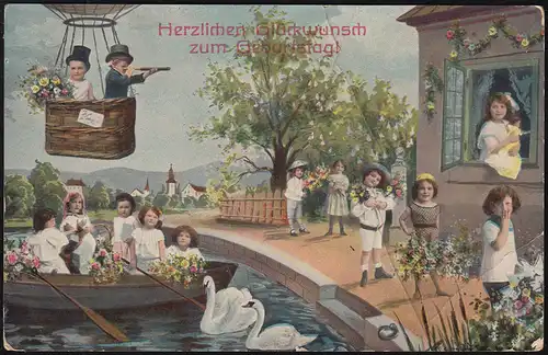 AK Félicitations anniversaire par bateau, ballon et à pied, petit, STRASSBERG 1914