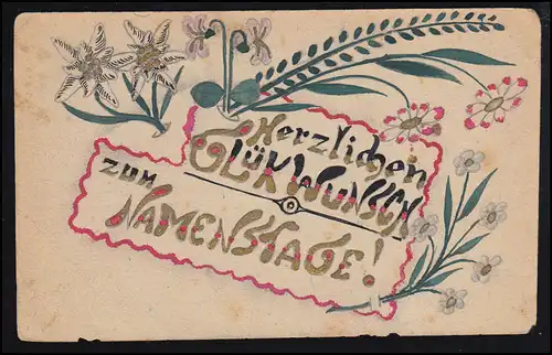 Carte postale peinte à main: Félicitations pour la fête des noms, 8.3.18