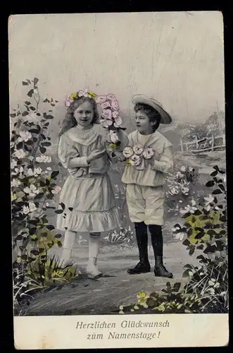 AK Glückwünsche Namenstag: Kinder mit Rosengirlande, STUTTGART 25.2.1907