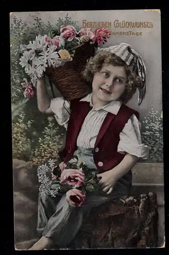 AK Glückwünsche Namenstag: Sitzendes Kind mit Blumen, SAARBURG 27.6.1909