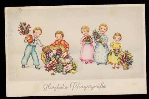 AK Félicitations Pentecôte: Les enfants apportent des cadeaux et des fleurs PANIER 29.5.41