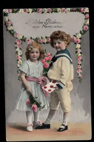 AK Félicitations Nom: Enfants avec des roses et carte, BASEL ST. ALBAN 1916