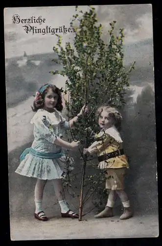 AK Glückwünsche Pfingsten: Kinder mit kleinem Maibaum, Feldpost 11.6.1916