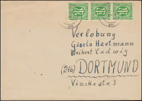 12 AM-Post 5 Pf. eng gezähnt, Dreierstreifen auf Ortsbrief DORTMUND April 1946