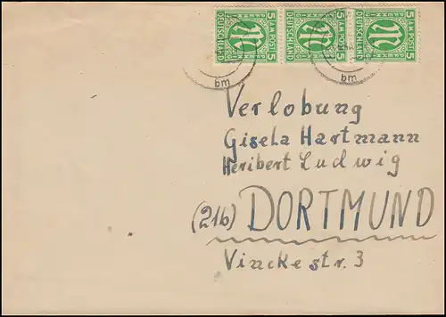 12 AM-Post 5 Pf. étroit denté, trio sur lettre locale DORTMUND Avril 1946