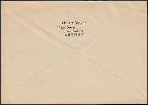 12 AM-Post 5 Pf. eng gezähnt, Dreierstreifen auf Ortsbrief DORTMUND April 1946