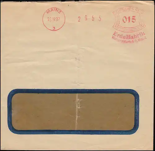 AFS Erdalfabrik Werner & Mertz MAINZ 27.12.1927 sur lettre de fenêtre