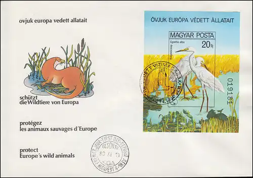 Ungarn: 3457 Block 146B Naturschutzjahr Silberreiher ungezähnt, Schmuck-FDC 1980