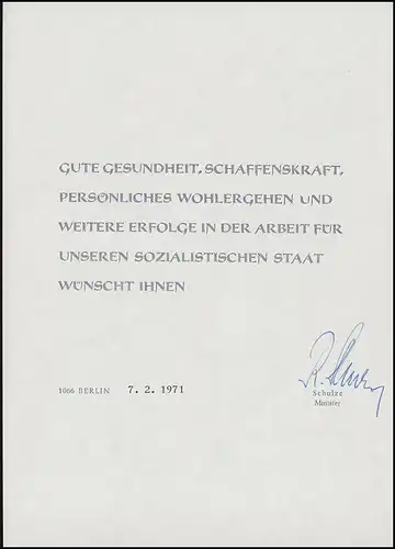 Minister-Faltkarte Kunstwoche und Engels, Beiblatt Glückwünsche 7.2.1970 Schulze