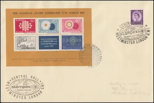 Briefmarkenausstelllung STAMPEX 1961 Brief mit Vignettenblock SSt LONDON 17.3.61