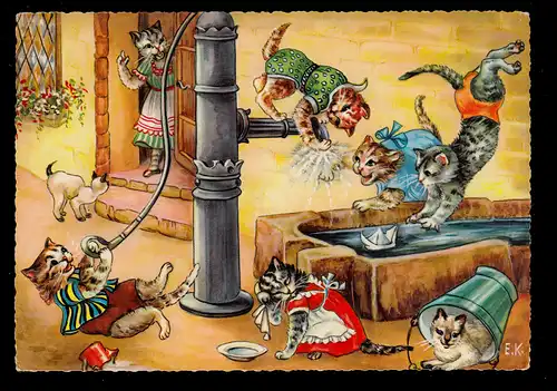 AK Animaux Menus: chats à la fontaine de la ville en jouant, CUXHAVEN 26.6.65
