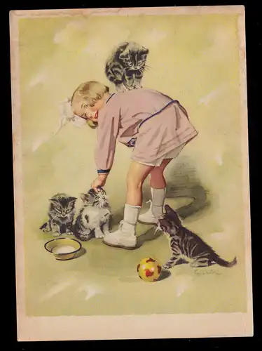 Tiere-AK Mädchen mit Milch für vier spielende Katzen-Kinder, ungebraucht