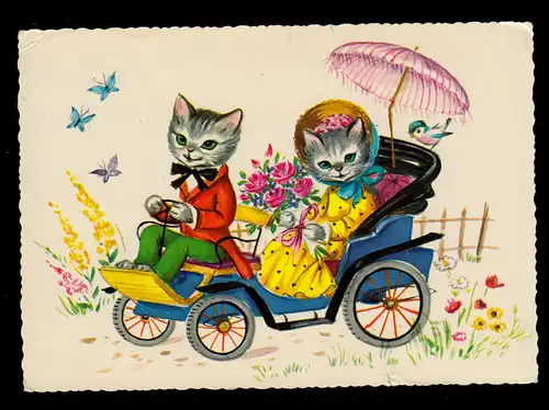 AK Animaux Menus: Les chats conduisent Voiture Oiseaux Papillon WITNEY 8.7.1968